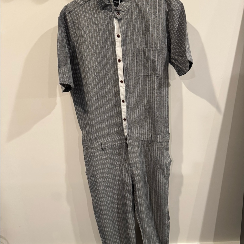 Men's Gray Striped Button-Up Jumpsuit